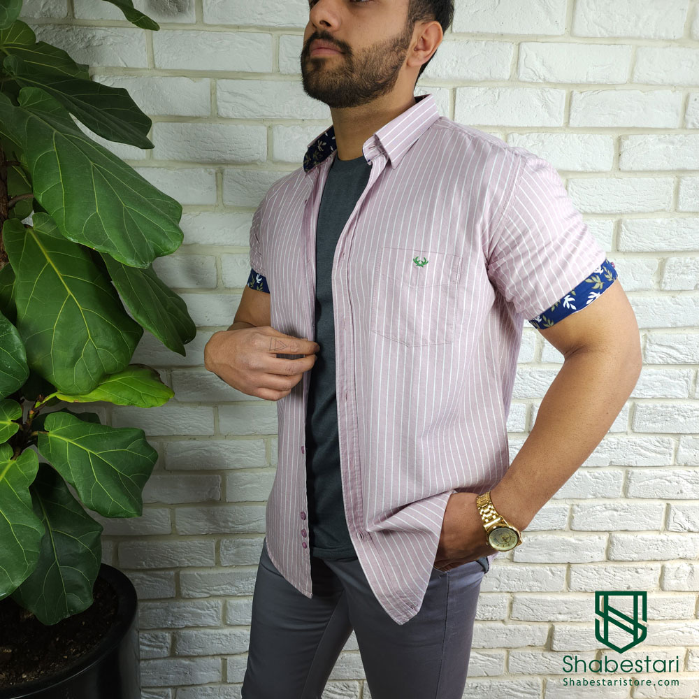 Sausage pink short sleeve striped elm cotton shirt
